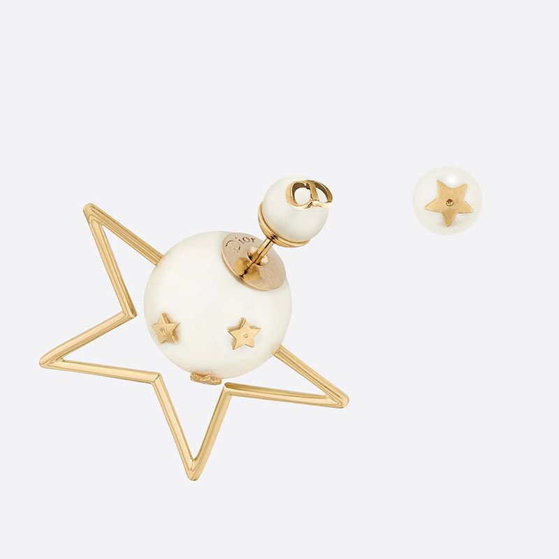 Dior Tribales Asymmetric Earrings Metal with Resin Pearls and Lucky Star Charm Gold