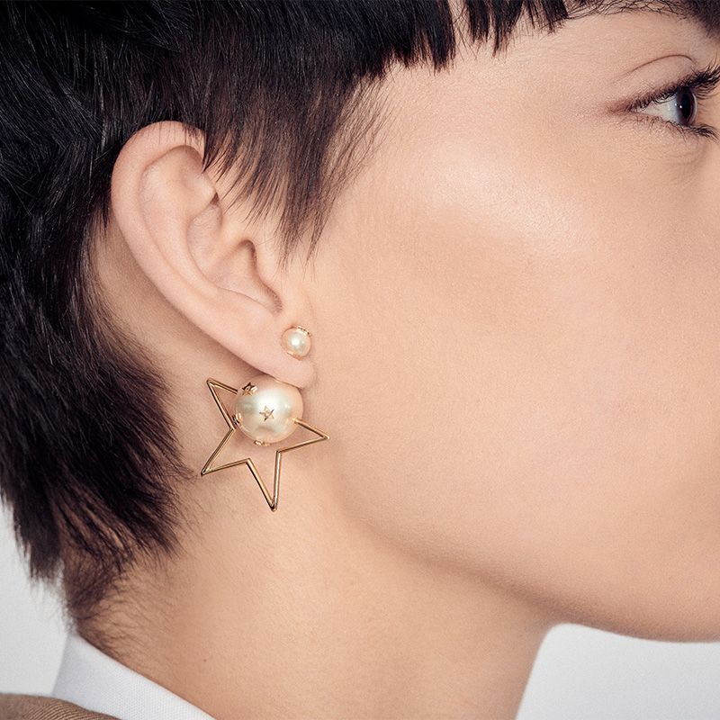 Dior Tribales Asymmetric Earrings Metal with Resin Pearls and Lucky Star Charm Gold - Image 2