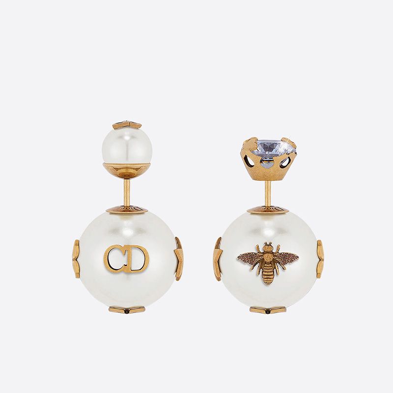 Dior Tribales Asymmetric Earrings Antique Metal with Resin Pearls Cherished Symbols Gold - Image 2