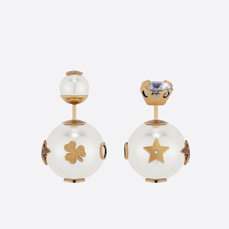 Dior Tribales Asymmetric Earrings Antique Metal with Resin Pearls Cherished Symbols Gold - Image 3
