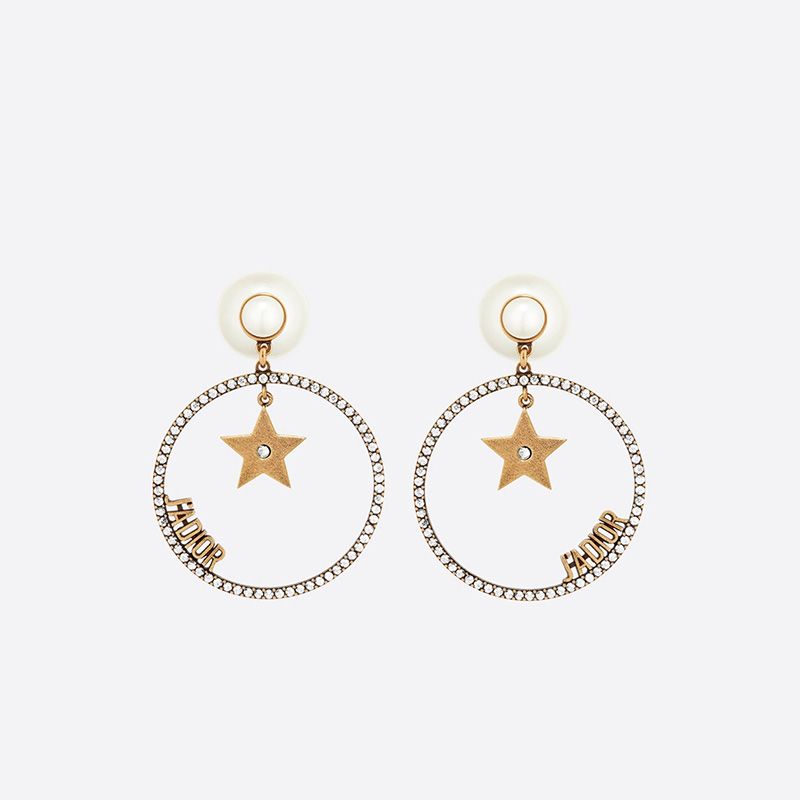 Dior Tribales Earrings Antique Metal with Resin Pearls and J'Adior Star Round Drop Signatures Embellished Crystals Gold - Image 2