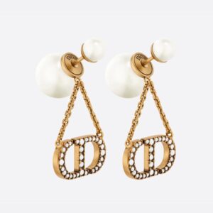 Dior Tribales Earrings Antique Metal with Resin Pearls and CD Chain Charms Embellished Crystals Gold