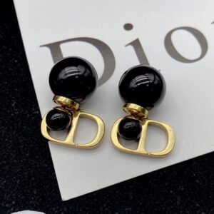 Dior Tribales Earrings Antique Metal with Resin Pearls and CD Signatures Gold/Black