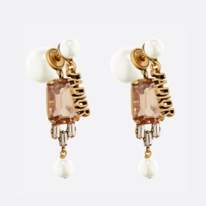 Dior Tribales Earrings Antique Metal with Resin Pearls, J'Adior Signature and Facetted Crystals Gold/Brown