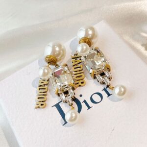 Dior Tribales Earrings Antique Metal with Resin Pearls, J'Adior Signature and Facetted Crystals Gold/White