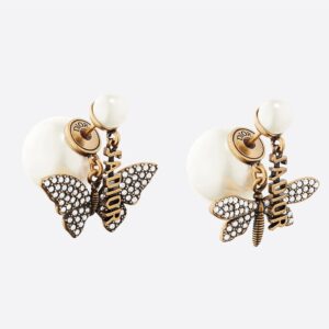 Dior Tribales Earrings Antique Metal with Resin Pearls, J'Adior Signatures, Butterfly and Dragonfly Charms Embellished Crystals Gold