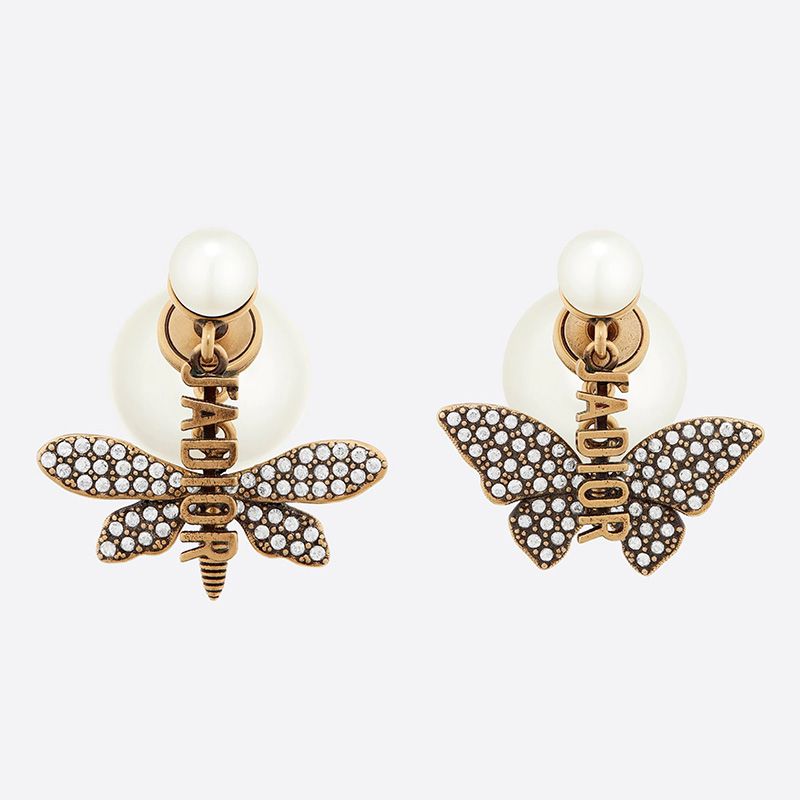 Dior Tribales Earrings Antique Metal with Resin Pearls, J'Adior Signatures, Butterfly and Dragonfly Charms Embellished Crystals Gold - Image 2