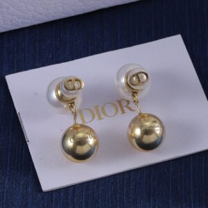 Dior Tribales Earrings Antique Metal with Resin Pearls, CD Signature and Ball Charms Gold/White