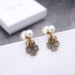 Dior Tribales Earrings Antique Metal with Resin Pearls, CD Signature and Four-Leaf Clover Signature Enhanced Crystals Gold