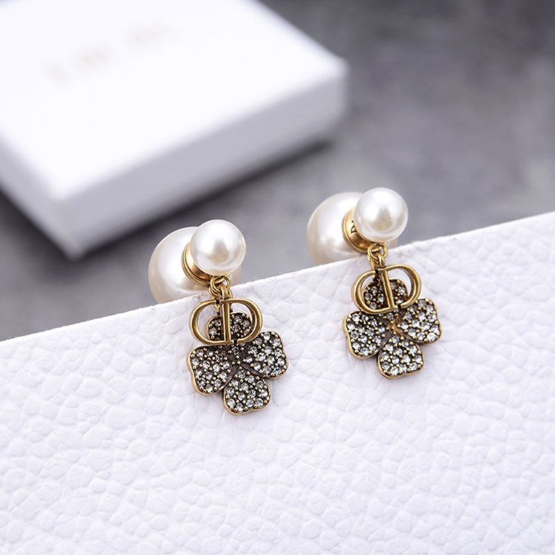 Dior Tribales Earrings Antique Metal with Resin Pearls, CD Signature and Four-Leaf Clover Signature Enhanced Crystals Gold