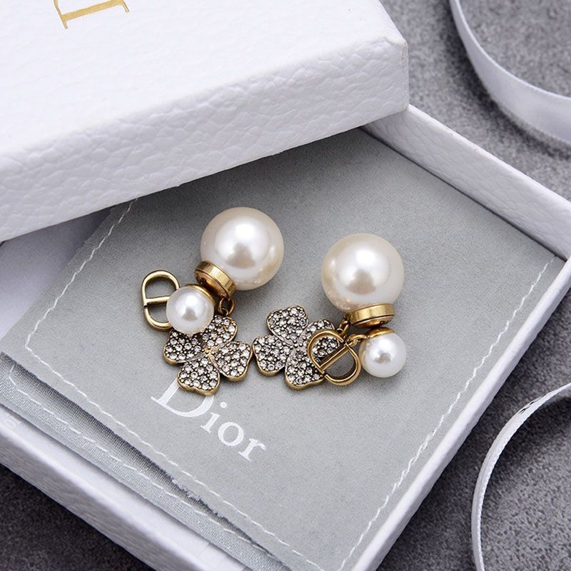 Dior Tribales Earrings Antique Metal with Resin Pearls, CD Signature and Four-Leaf Clover Signature Enhanced Crystals Gold - Image 2