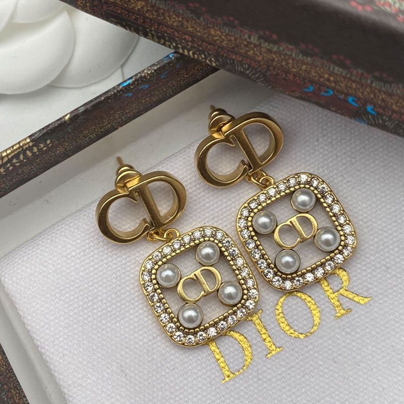 Dior Clair D Lune Earrings Antique Metal with CD Rectangle Embellished Pearls and Crystals Gold