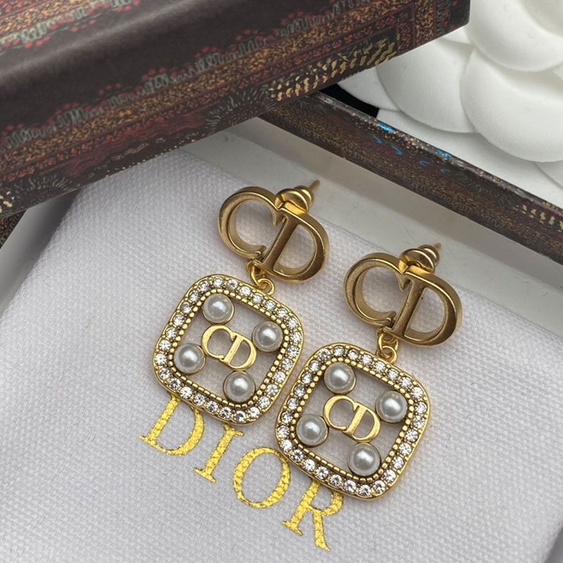 Dior Clair D Lune Earrings Antique Metal with CD Rectangle Embellished Pearls and Crystals Gold - Image 2