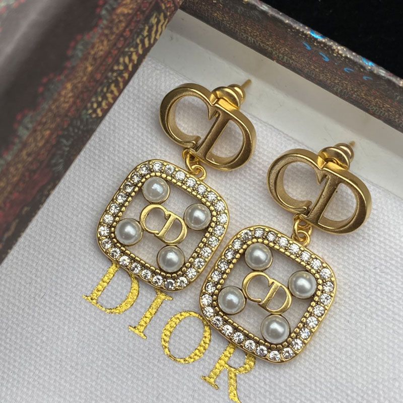 Dior Clair D Lune Earrings Antique Metal with CD Rectangle Embellished Pearls and Crystals Gold - Image 3