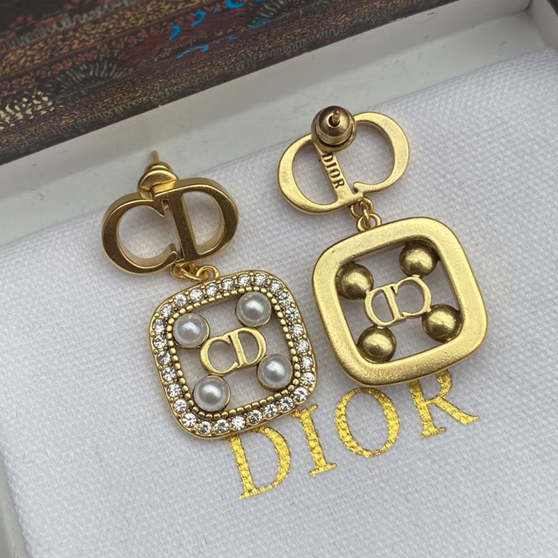 Dior Clair D Lune Earrings Antique Metal with CD Rectangle Embellished Pearls and Crystals Gold - Image 4