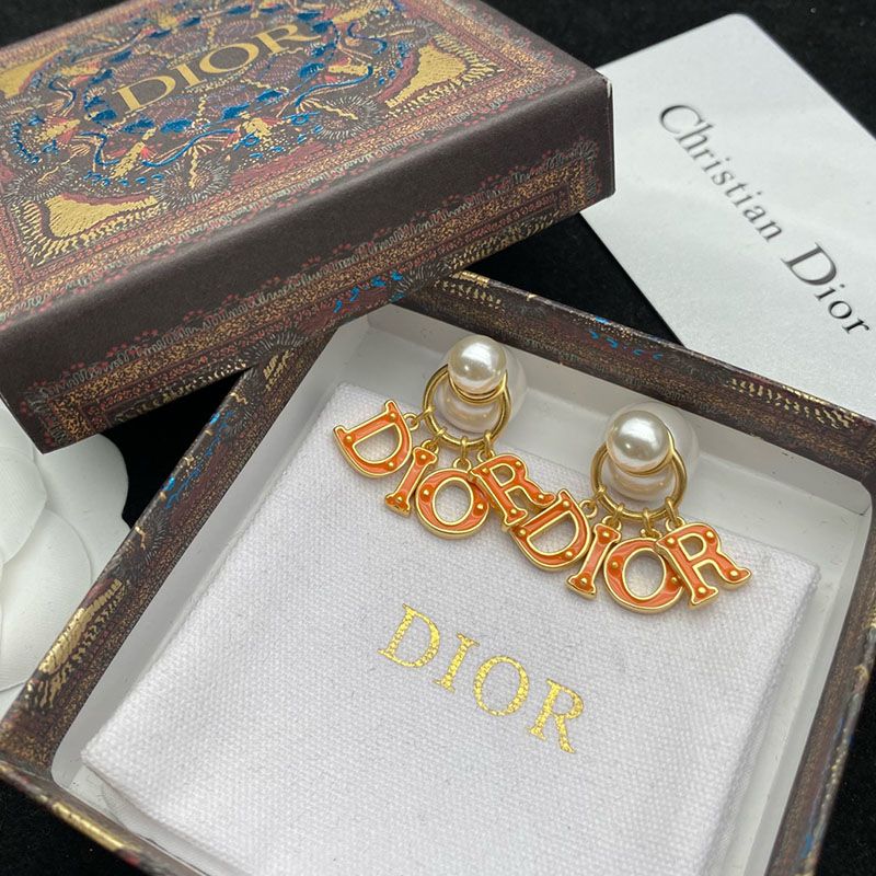 Dior Tribales Earrings Metal with Resin Pearls and Lacquer DIOR Signatures Gold/Orange - Image 2