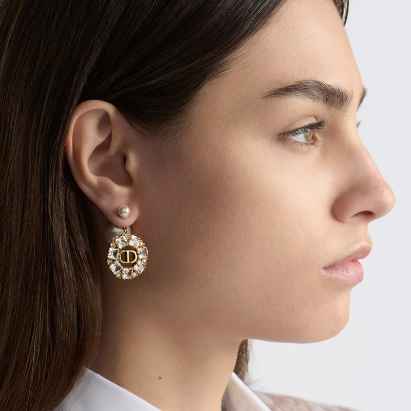 Dior Tribales Earrings Metal with Resin Pearls and Petit CD Encircled Faceted Crystals Gold - Image 2