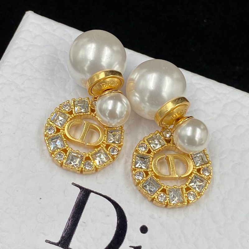 Dior Tribales Earrings Metal with Resin Pearls and Petit CD Encircled Faceted Crystals Gold - Image 3