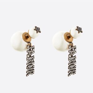 Dior Tribales Earrings Antique Metal with Resin Pearls and J'ADIOR Charms Embellished Crystals Gold