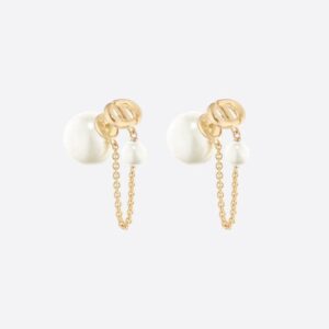 Dior Tribales CD Earrings Metal with Chain Resin Pearls Gold