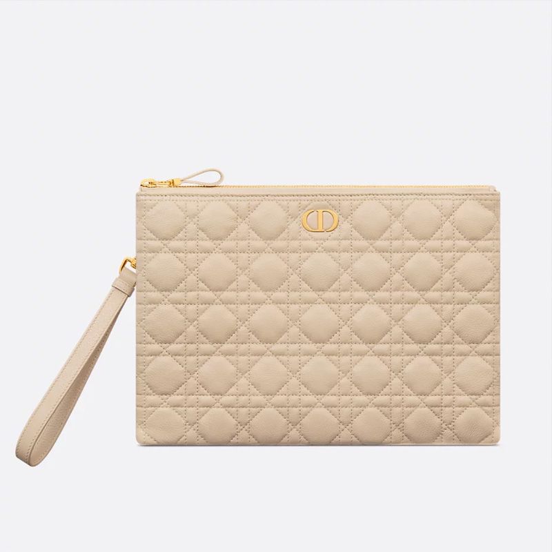 Large Dior Caro Daily Pouch In Supple Cannage Calfskin Apricot