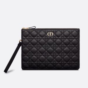 Large Dior Caro Daily Pouch In Supple Cannage Calfskin Black