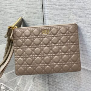Large Dior Caro Daily Pouch In Supple Cannage Calfskin Taupe