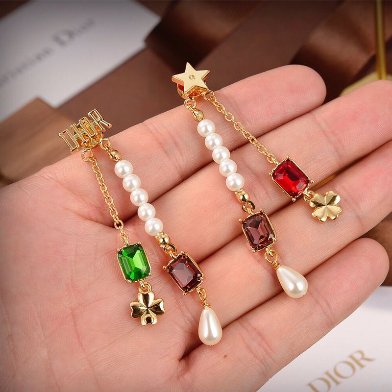 Diorevolution Asymmetric Earrings Metal with Multi Charm Chains Gold