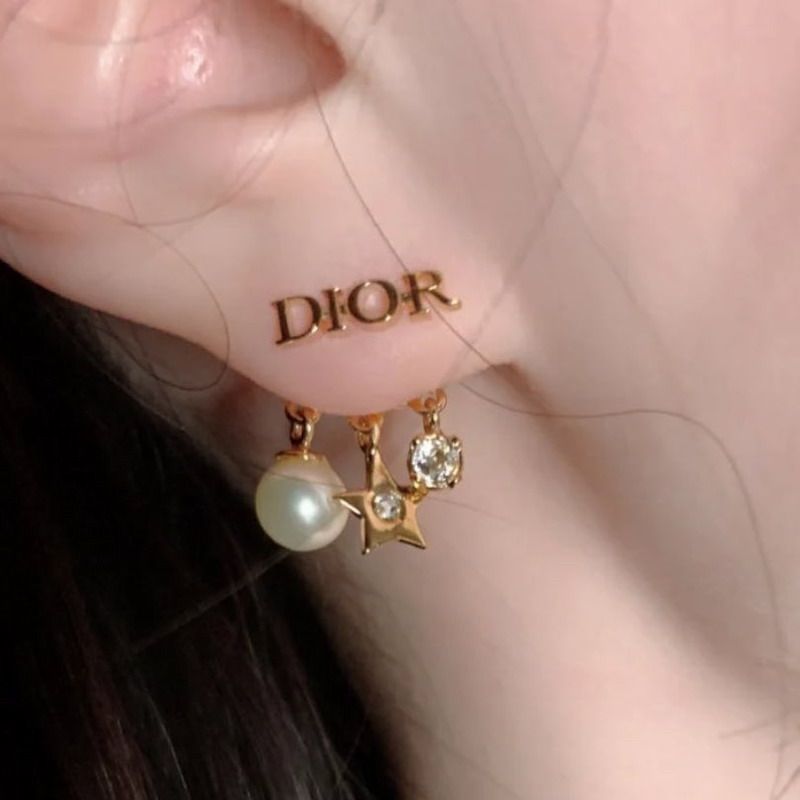 Diorevolution Earrings Metal with Resin Pearls, Crystals and Star Charms Gold - Image 2
