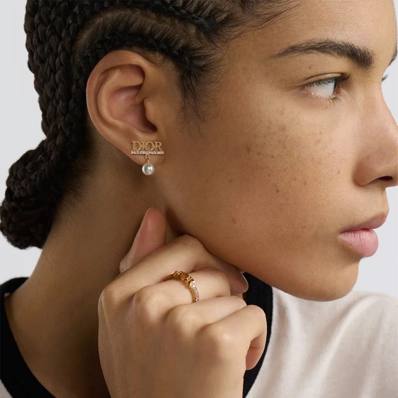 Diorevolution Logo Earrings Metal with Resin Pearls and Crystals Gold - Image 2