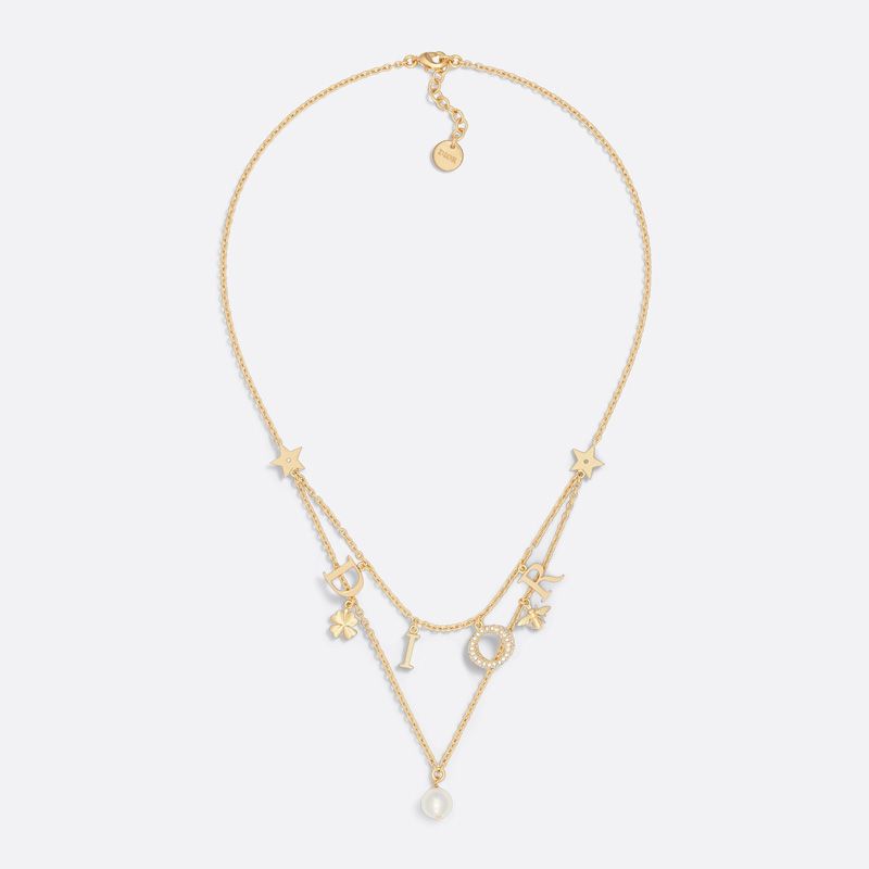 Diorevolution Necklace Metal with Resin Pearl, Crystals, DIOR Letters and Multi Charms Gold
