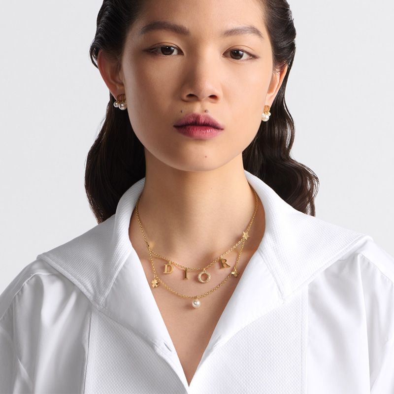 Diorevolution Necklace Metal with Resin Pearl, Crystals, DIOR Letters and Multi Charms Gold - Image 2