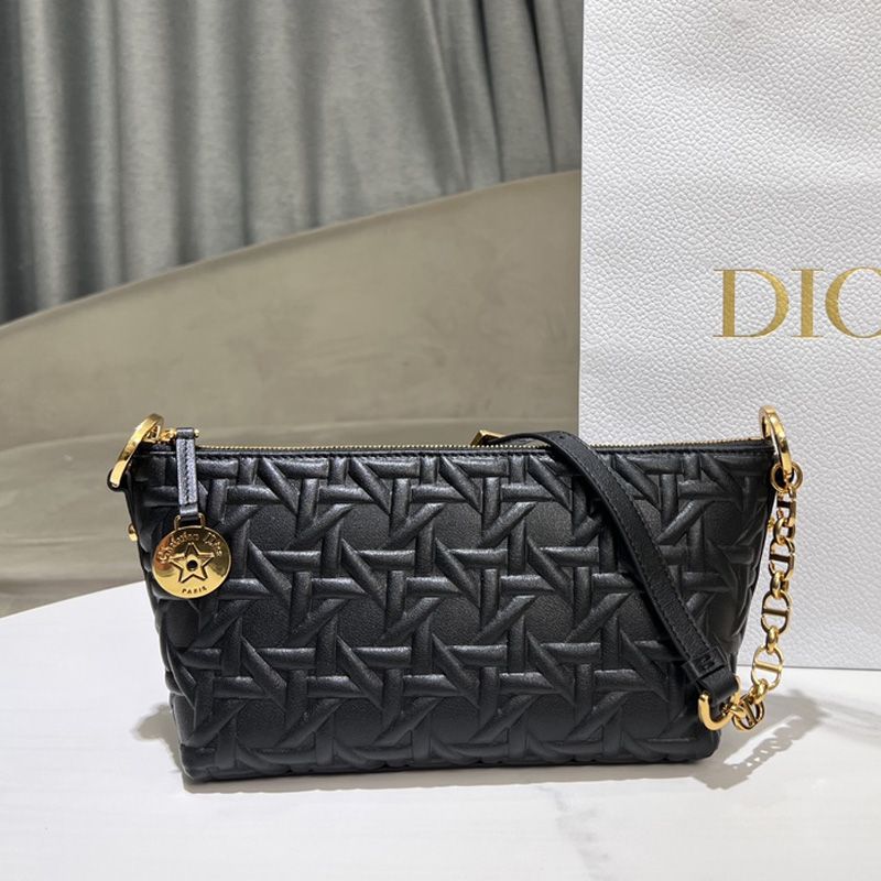 Diorstar Hobo Bag with Chain In Graphic Cannage Calfskin Black