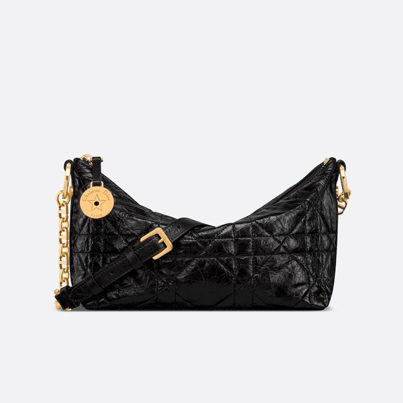 Diorstar Hobo Bag with Chain In Macrocannage Crinkled Calfskin Black