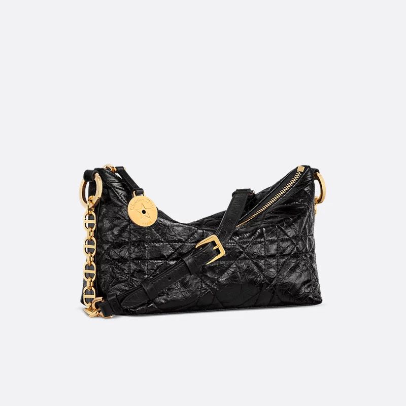 Diorstar Hobo Bag with Chain In Macrocannage Crinkled Calfskin Black - Image 2