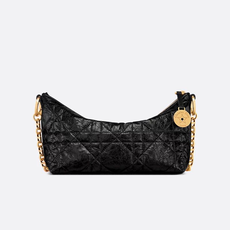 Diorstar Hobo Bag with Chain In Macrocannage Crinkled Calfskin Black - Image 3