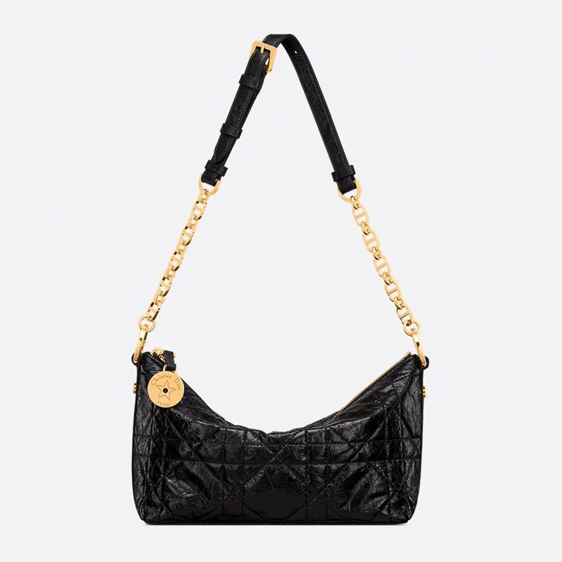 Diorstar Hobo Bag with Chain In Macrocannage Crinkled Calfskin Black - Image 5
