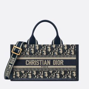 Small East-West Dior Book Tote with Strap In Oblique Motif Canvas and Calfskin Blue