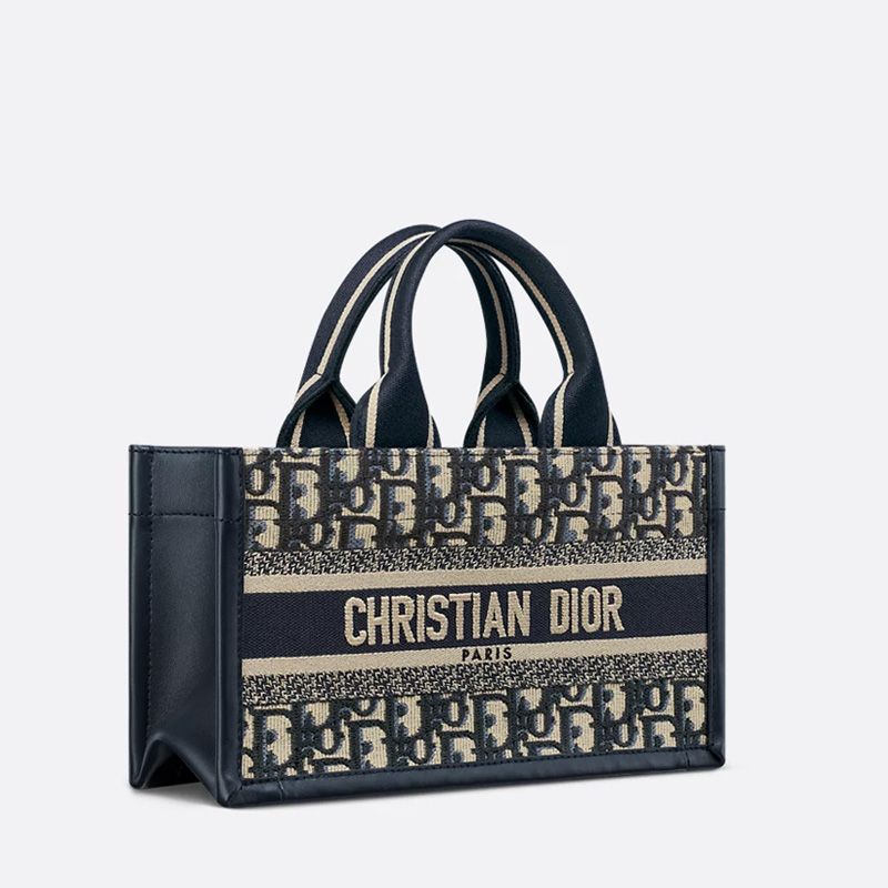 Small East-West Dior Book Tote with Strap In Oblique Motif Canvas and Calfskin Blue - Image 3