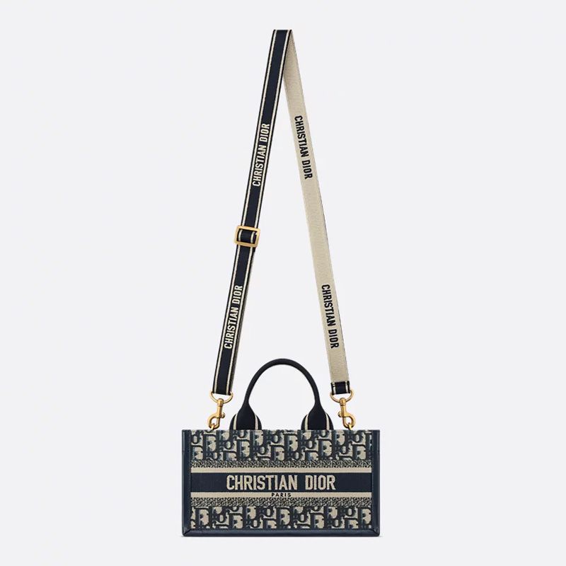 Small East-West Dior Book Tote with Strap In Oblique Motif Canvas and Calfskin Blue - Image 5