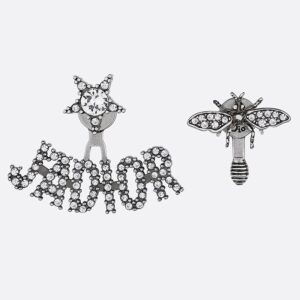 J'Adior Bee Earrings Antique Metal with Crystals Silver