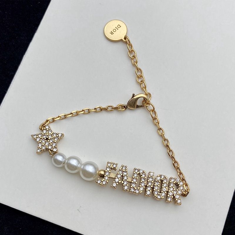 J'Adior Bracelet Metal with Resin Pearls, J'Adior and Star Charms Embellished Crystals Gold