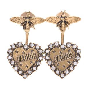 Dior Bee Earrings Antique Metal with J'Adior Hearts Embellished Crystals Gold