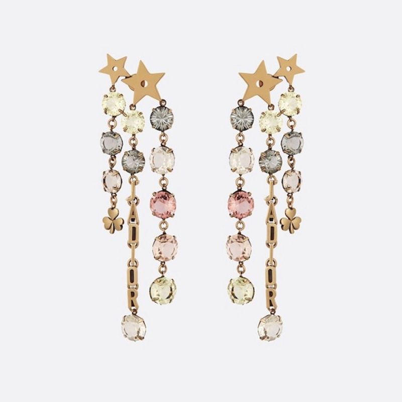Dior Star Earrings Antique Metal with Multicolor Crystals Chains Gold