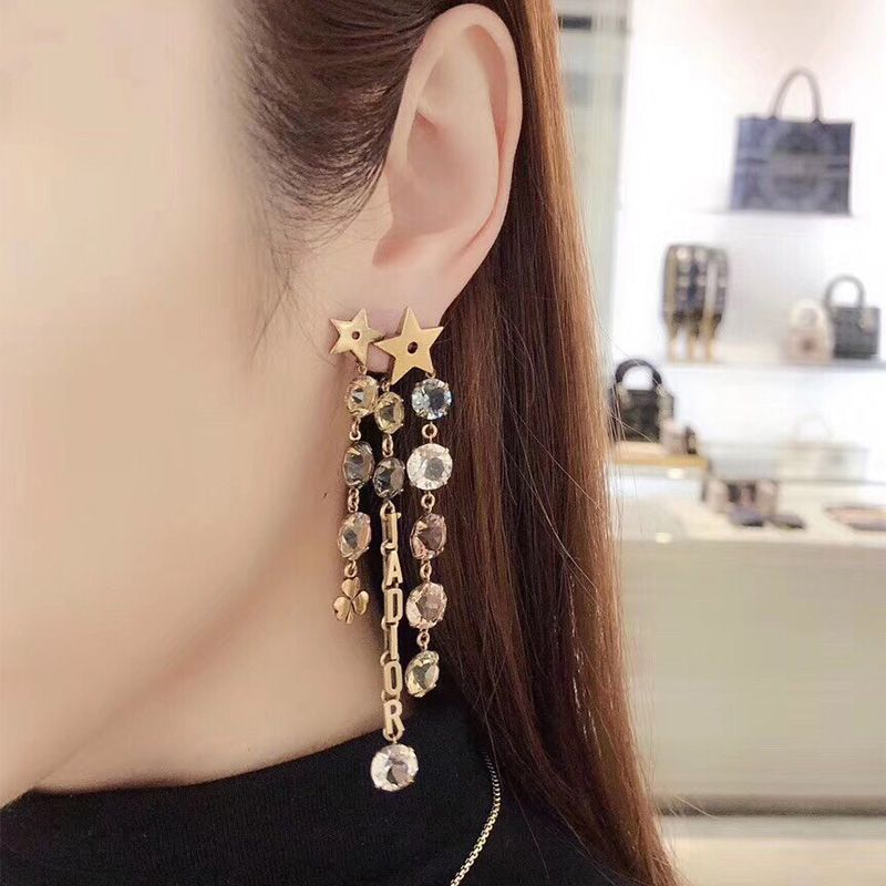 Dior Star Earrings Antique Metal with Multicolor Crystals Chains Gold - Image 2