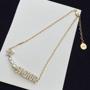 J'Adior Necklace Metal with Resin Pearls, J'Adior and Star Charms Embellished Crystals Gold
