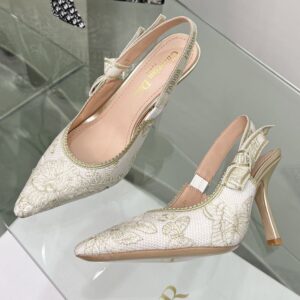 J'Adior Slingback Pumps Women Toile de Jouy Mexico Motif Canvas White/Gold