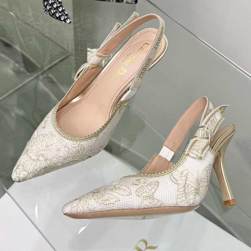 J'Adior Slingback Pumps Women Toile de Jouy Mexico Motif Canvas White/Gold