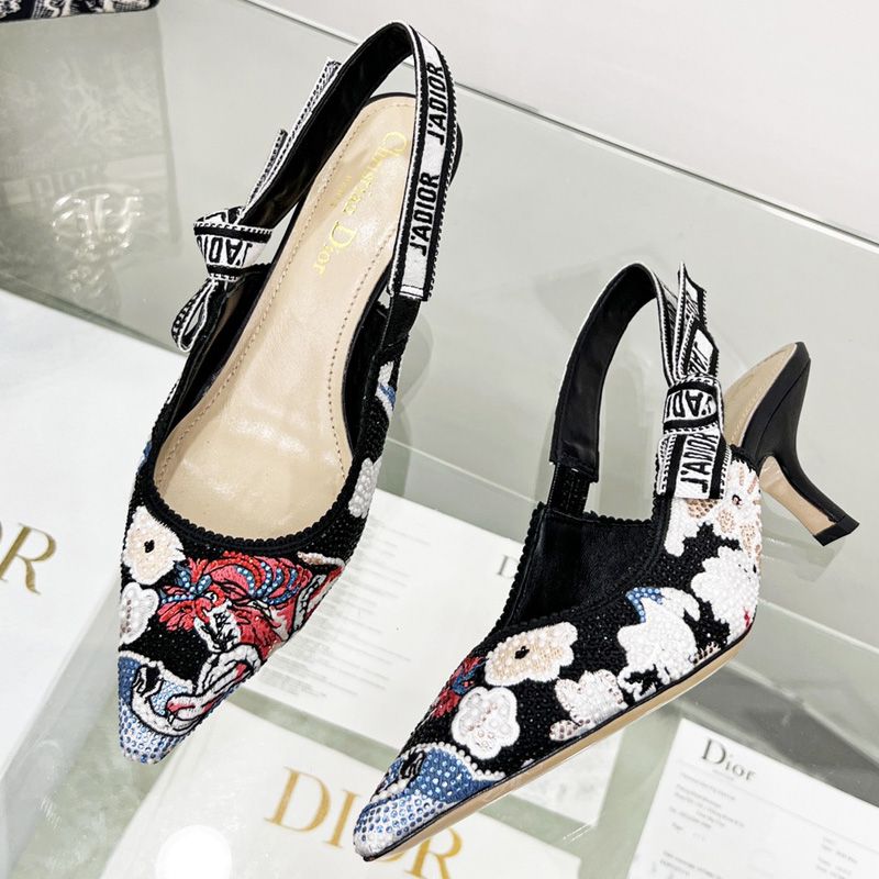 J'Adior Slingback Pumps Women Toile de Jouy Pop Motif Canvas with Beads and Strass Black - Image 3