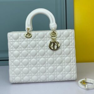 Large Lady Dior Bag In Cannage Lambskin White/Gold